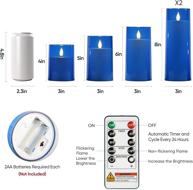 Raycare Flameless Candles Battery Operated with Remote Timer, Acrylic Flickering LED Pillar Candle for Christmas Decoration, Home Decor, Gift for Family and Friend, Blue, Set of 5