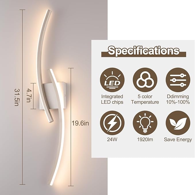 Hardwired 3000~6000K Modern Wall Sconce, 31.5IN Silver LED Wall Light Fixtures Brushed Nickel Wall Lights for Bedroom, Living Room, Hallway and Bedside Wall Lamp