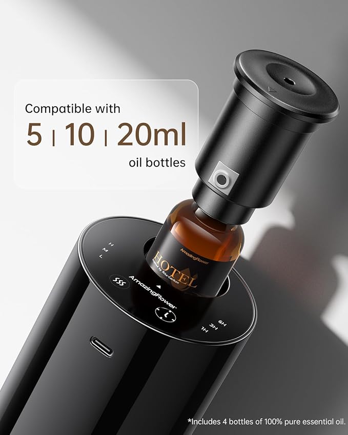 Waterless Essential Oil Diffuser with 4 x 10mL Hotel Scent Fragrance Oils, Rechargeable Car Diffuser Air Freshener Machine, 3 Timer & 3 Mist Modes, Aromatherapy Kit for Home
