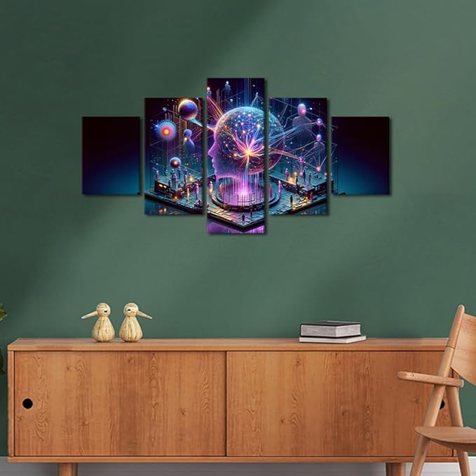 5 Panel Human Brain Artificial Intelligence Picture Wall Decor Neural Network Paintings Canvas Wall Art Framed Modern Home Decor for Living Room Posters and Prints 60" Wx32 H