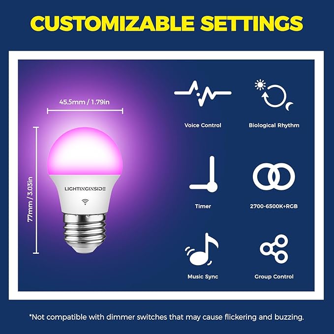 Lightinginside E26 Smart Light Bulbs 50W Equiv., G16.5 A15 RGBCW Small Chandelier Ceiling Fan Smart Bulb Works with Alexa/Google Home/SmartLife, 5W 550LM, 2.4G WiFi Bluetooth Bulb, ETL Listed, 6PCS