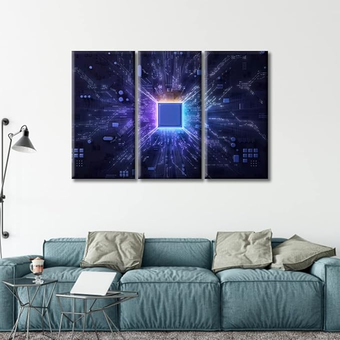 CPU Concept Wall Decor Posters and Prints 3 Panels Circuit Board Pictures Wall Decor for Bedroom Art Prints Giclee Wooden Framed Gallery-Wrapped Ready to Hang (42" Wx28 H)