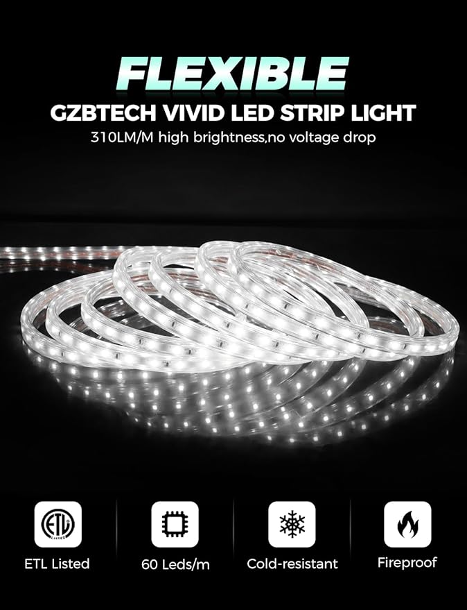 GZBtech AC 110-120V LED Strip Lighting 33FT/10M, 6000K Cool White IP65 Waterproof Outdoor Strip Lights, 60LEDs/M SMD2835 Cuttable & Connectable LED Rope Light for Indoor Outside Exterior, ETL Listed