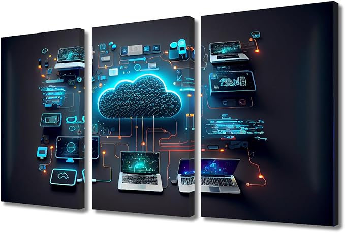 TUMOVO Bedroom Wall Decor 3 Panel Devices Connected to Digital Storage in the Data Center Via the Internet Pictures Print on Canvas for Living Room Bedrooms Wall Decorations, 36" Wx24 H