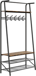 4-In-1 Hall Tree Entryway Organizer with 5 Hooks and Shoe Storage Bench, Sturdy Metal Frame, Wood Look Accent for Coat, Hat, and Bag Organization in Entryway, Living Room, or Bedroom