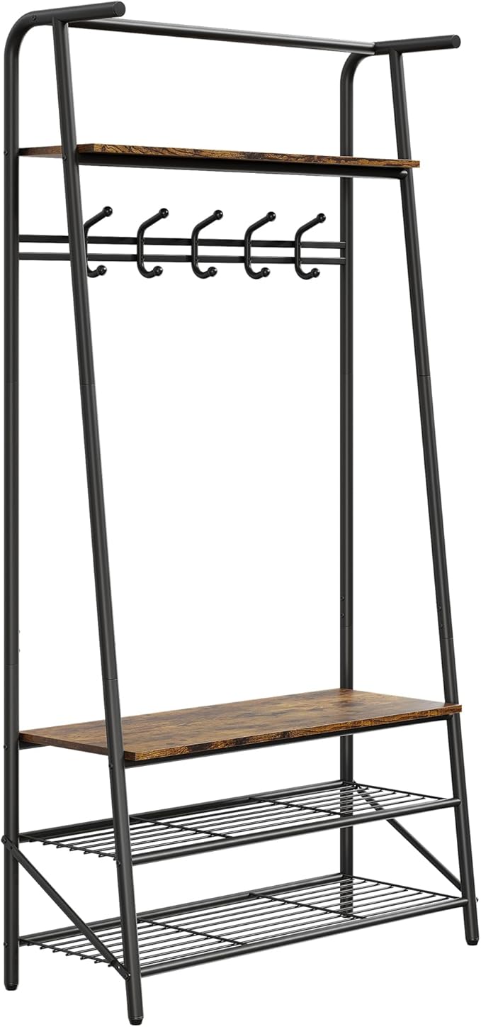 4-In-1 Hall Tree Entryway Organizer with 5 Hooks and Shoe Storage Bench, Sturdy Metal Frame, Wood Look Accent for Coat, Hat, and Bag Organization in Entryway, Living Room, or Bedroom