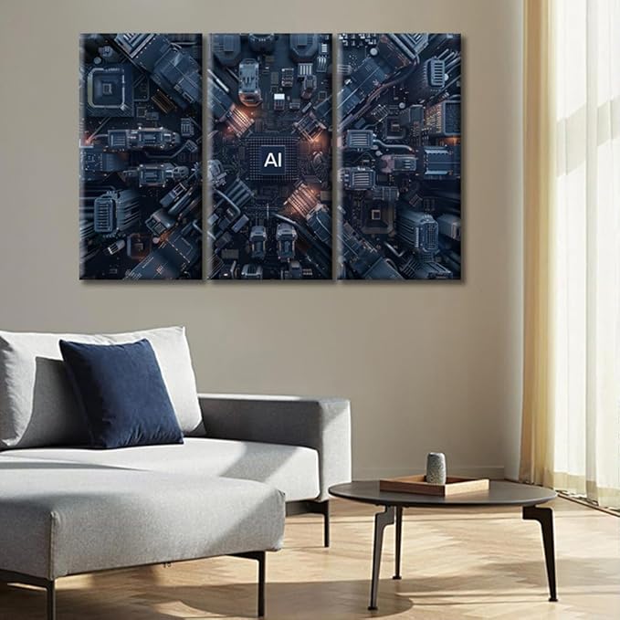 3 Pieces CPU Concept Wall Decor Painting Canvas Wall Art AI Advanced Circuitry Posters Modern Home Decor Print for Home Living Room Dining Room Stretched and Framed Ready to Hang (42"Wx28"H)