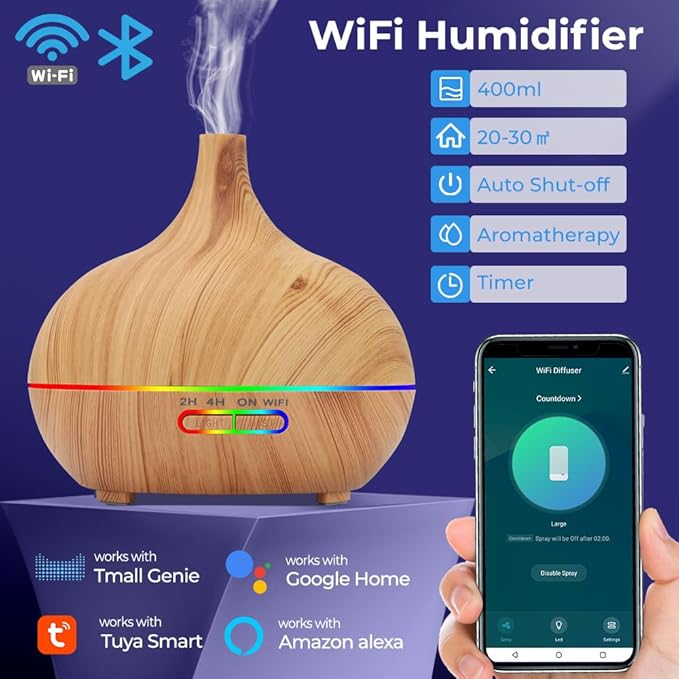 WiFi+Bluetooth Smart Essential Oil Diffuser Compatible with Alexa, Ultrasonic Aromatherapy Diffuser & Mist Humidifier with Voice & APP Remote Control, Schedule & Timer,RGB Light (UK)
