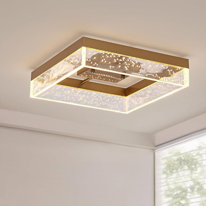 Qcyuui LED Ceiling Light Flush Mount 11.81in 20W Square LED Ceiling Lamp with Clear Bubble Acrylic Modern Led Ceiling Light for Kitchen Hallway Closet Living Room Bedroom, Gold, 3000K Dimmable
