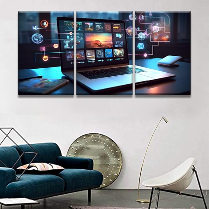 LSIUHWUWI Wall Art for Living Room 3 Panel Cloud Technology,Smart Home Pictures Posters Contemporary Wall Decor for Home Office Hotel Wall Wooden Framed Ready to Hang 16x24inchx3