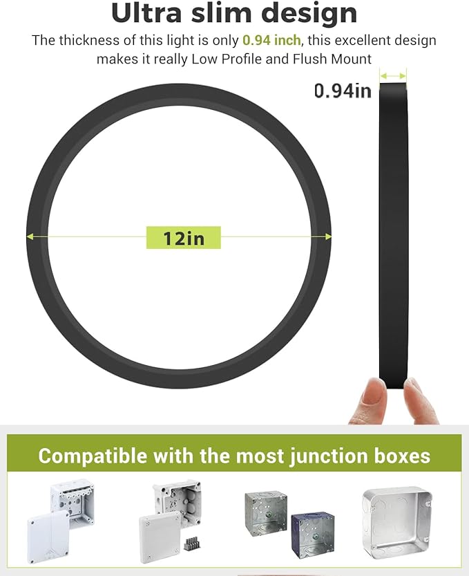 1PACK LED Flush Mount Ceiling Light - 3CCT Selectable 3000K-4000K-6500K & 100W Equivalent Modern Kitchen Recessed Ceiling Lamp 24W 3200Lm 12 Inch for Bathroom Closet Laundry Bedroom Hallway