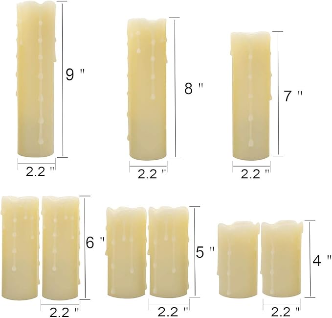 DRomance Flameless Flickering Candles Battery Operated with Remote and Timer, Set of 9 Dripping Real Wax Warm Light LED Pillar Candles for Holiday, Christmas Decoration(Ivory, 2.2" D x 4"-9" H)