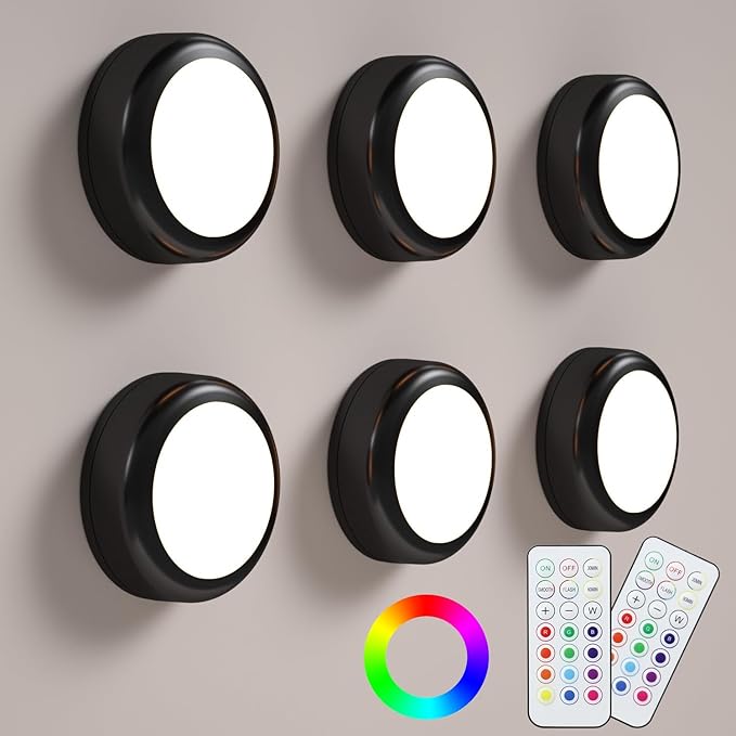 LED Puck Lights with Remote, 13-Color Under Cabinet Lighting Wireless, Battery Operated Stick-On Lights, Dimmable Push Light for Closet/Shelf/Wall (Black-6 Pack)