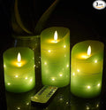 Green LED flameless Candle with Embedded Starlight String, 3 LED Candles, 10-Key Remote Control, 24-Hour Timer Function, Dancing Flame, Real Wax, Battery Powered. (Grass Green)