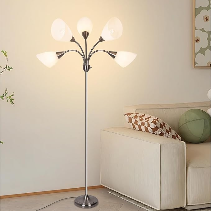 HonoDing Medusa Floor Lamp Standing Lamp 5 Heads Adjustable Reading Light Large Shade Use E26 A19 Bulb for Living Room Bedroom Satin Nickel