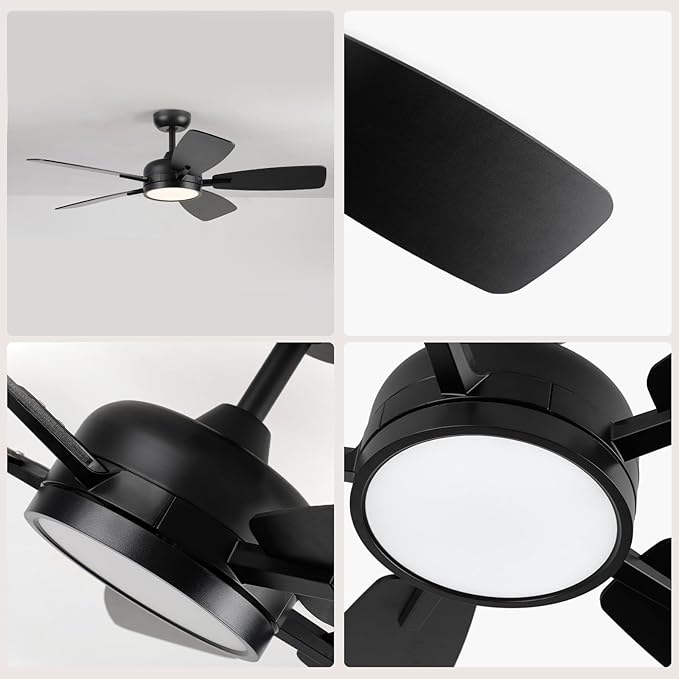 Roomratv Ceiling Fans with Lights,46 Inch,Remote Control,Night Light,Dimmable,Reversible,Noiseless,6 Speeds,Timer,Black Modern Ceiling Fan for Living Room,Bedroom,Kitchens,Kis room,Outdoor Patio