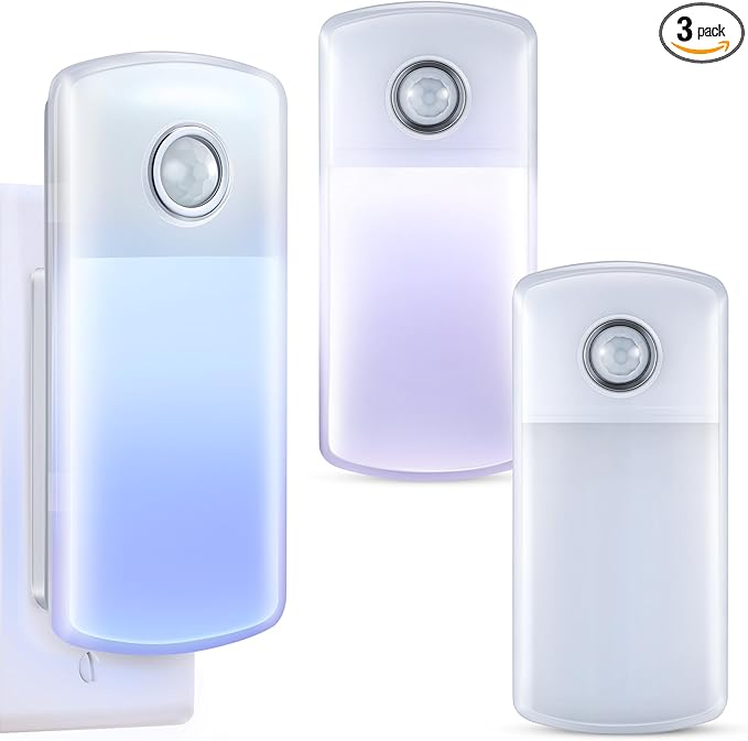 Enhon Emergency Power Failure Night Lights, 5-in-1 Multi Color LED Light, Rechargeable Flashlight with Foldable Plug, Automatic On Off Motion Sensor for Bedrooms, Hallways, Black Outs(3 Pack)