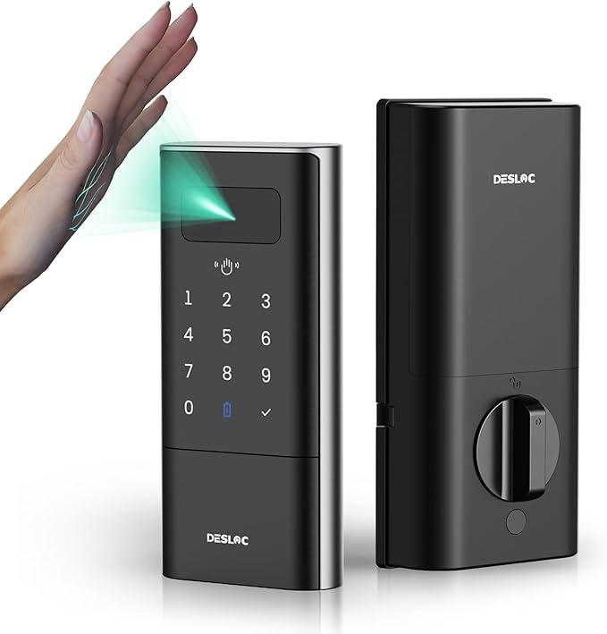 DESLOC Smart Lock K140 Plus with Palm Vein Recognition, Keyless Entry Door Lock with Keypad Deadbolt, App Control, Auto Lock Digital Door Lock for Front Door with Mechanical Key Backup, Black