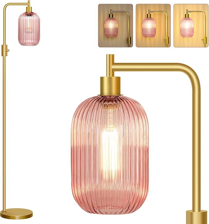 【Upgraded】 Dimmable Glass Floor Lamp for Living Room, Modern Gold Standing Lamp with Pink Ribbed Glass Lampshade & Knob Dimmer, Arc Tall Lamp for Bedroom Office Reading Room, 2700K Led Bulb Included