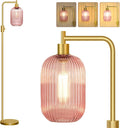 【Upgraded】 Dimmable Glass Floor Lamp for Living Room, Modern Gold Standing Lamp with Pink Ribbed Glass Lampshade & Knob Dimmer, Arc Tall Lamp for Bedroom Office Reading Room, 2700K Led Bulb Included