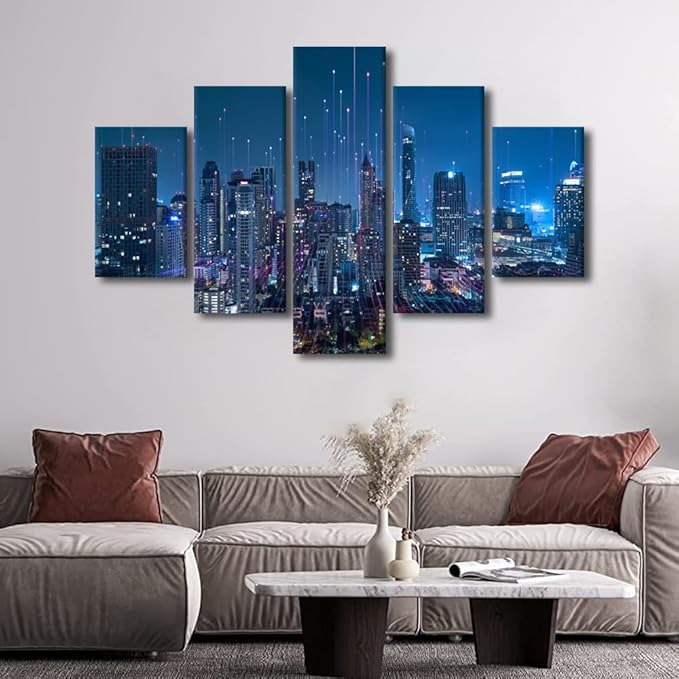 Modern City Poster Canvas Art 5 Panel Home Wall Decor Abstract Point Poster Communication Network Picture Connection Concept Picture Internet Workers Office Decor Frame Ready to Hang 60x40 Inch