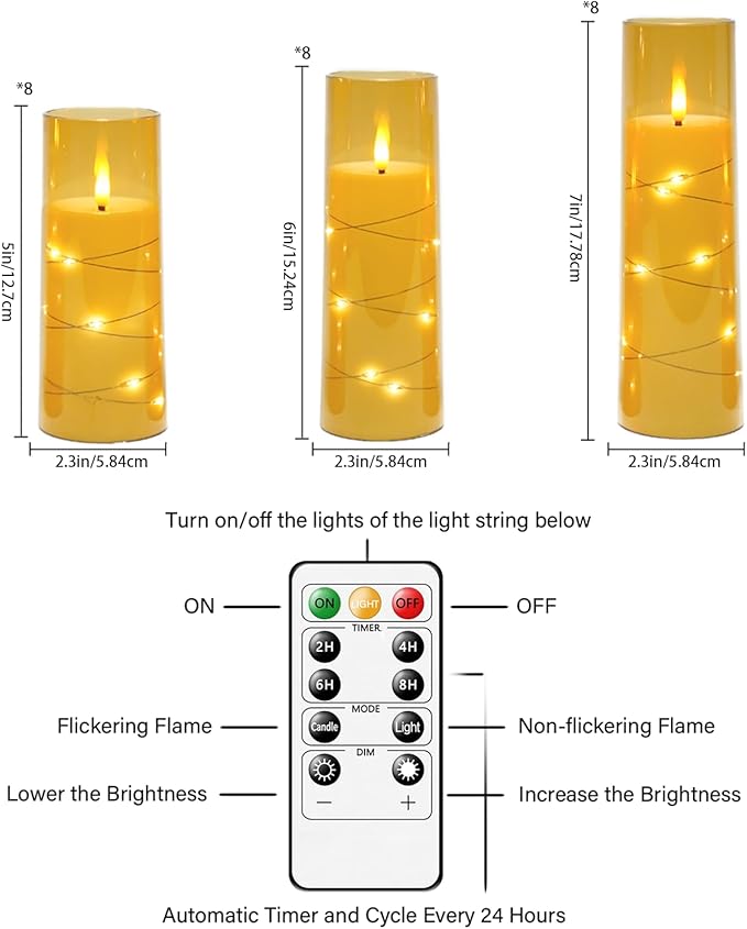 Flickering Flameless LED Candles,Battery Operated Candles 24 Pcs with Embedded Star String,Acrylic LED Pillar Candles with Remote,Suitable for Home Decoration to Create an Atmosphere (Gold)