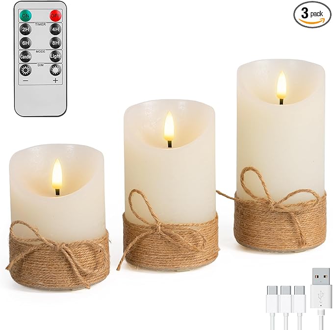 Rechargeable Flameless LED Candles,Flickering Candles with Auto On/Off Timer 2H/4H/6H/8H,Real Wax, Dimmable Brightness,4" 5" 6" Set of 3 for Valentine's Day,Centerpiece Table Decorations,Home Decor