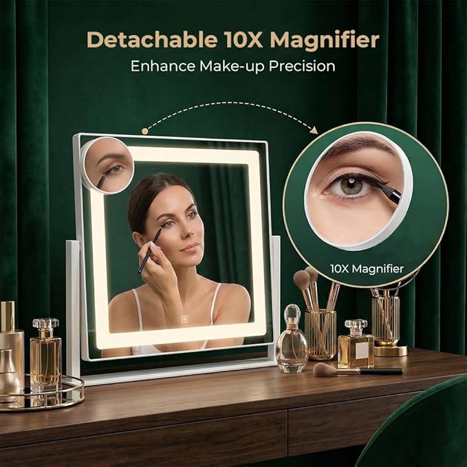 Vanity Mirror with Lights, 12" x 16" Lighted Makeup Mirror with Smart Touch Control, LED Makeup Mirror with 3 Color Lighting Modes, 10X Magnification, 360° Rotation for Tabletop - White