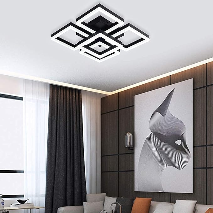 Garwarm Modern LED Ceiling Light, Black Flush Mount Light Fixtures,64W Ceiling Lamp for Living Room Bedroom Dining Room, 5 Square Metal Acrylic Surface Mount Chandelier Cool White 6000K