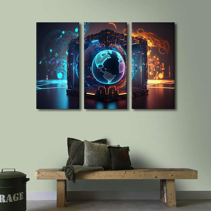 3 Panels Concept Pictures Print On Canvas Wall Art for Home Hotel Decoration, Cyber Space 3D Wall Art Framed Wall Art Neon Artwork Giclee Wooden Framed Ready to Hang, 36" Wx24 H