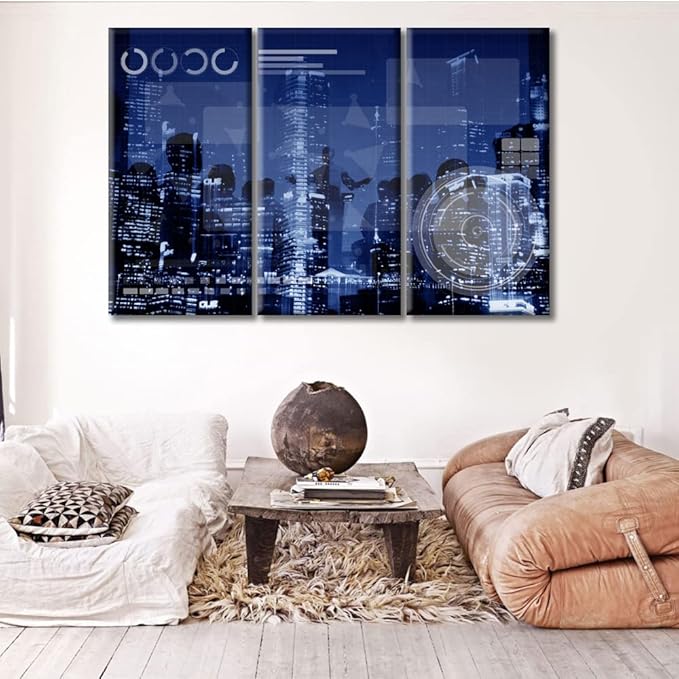 3 Pieces Technology Connection Online Networking Medias Concept Pictures Wall Decor for Bedroom Smart City Artwork Print on Canvas Giclee Wooden Framed Gallery-Wrapped Ready to Hang (60"Wx40"H)