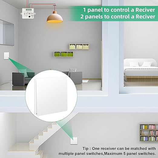 RGBZONE Self-Powered Wireless Remote Switch Kit, 10A AC85-240V No Rewiring 100FT Range RF433 Remote Control Switches for in-/Outdoor Lights (RF Switch and Receiver)