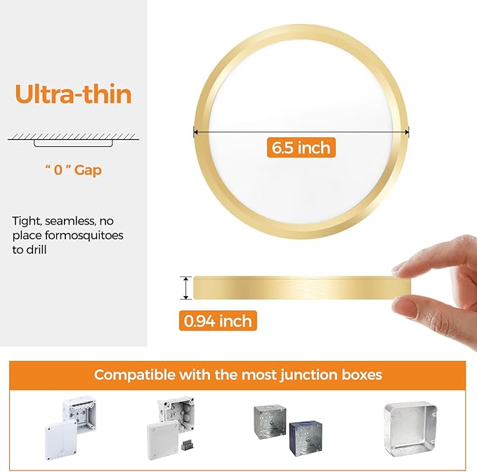 slochi 1PACK LED Flush Mount Ceiling Light Fixture, 3000K-4000K-6500K & 100W Equivalent Modern Kitchen Recessed Ceiling Lamp 12W 1200Lm 6.5 Inch Closet Round Surface for Bathroom Laundry Hallway-Gold