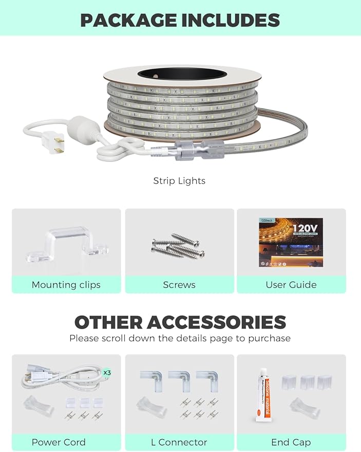 GZBtech AC 110-120V LED Strip Lighting 33FT/10M, 6000K Cool White IP65 Waterproof Outdoor Strip Lights, 60LEDs/M SMD2835 Cuttable & Connectable LED Rope Light for Indoor Outside Exterior, ETL Listed