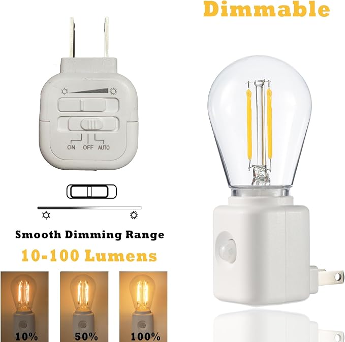 Led Night Light Bulb Plug in, 1W Vintage Nightlight, Dusk to Dawn and Motion Sensor, Warm White 2700K, 10-100LM Adjustable Brightness, Dimmable, for Hallway Bedroom Stairway, 1 Pack