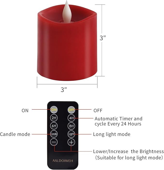3x3 Flickering Flameless Candles Set of 1, 2AA Battery Life 600 Hours Battery Candles Flickering with Timer, 3 inch Flameless Candles with Remote for Indoor/Outdoor, Red