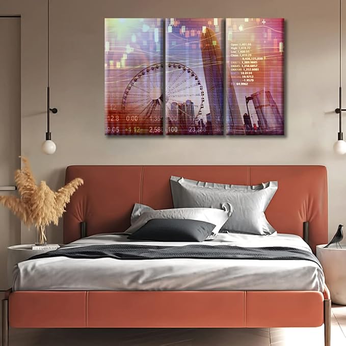 TUMOVO Smart City Pictures Home Decor Art Prints Stock Market on Display Urban Background Artwork Living Room Wall Decor 3 Panel Modern Home Decor Print on Canvas Framed Ready to Hang (36" Wx24 H)