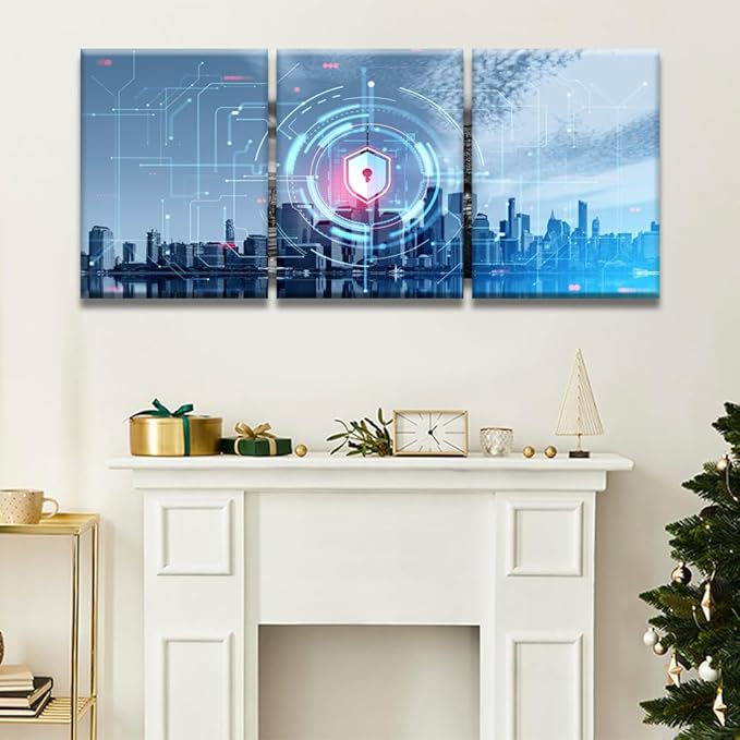 LSIUHWUWI 3 Piece Canvas Wall Art Digital Cybersecurity Concept Canvas Prints Art for Living Room Bedroom Decoration, Internet Security and Global Protection Framed Ready to Hang, 12x16inchx3