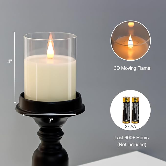 Glass Flameless Candles with Remote Timer, 3D Moving Flame Flickering, Last 600+ Hours Battery Candles, Real Wax LED Votive Candle for Festival Wedding Home Party Decor, 3" x 4"