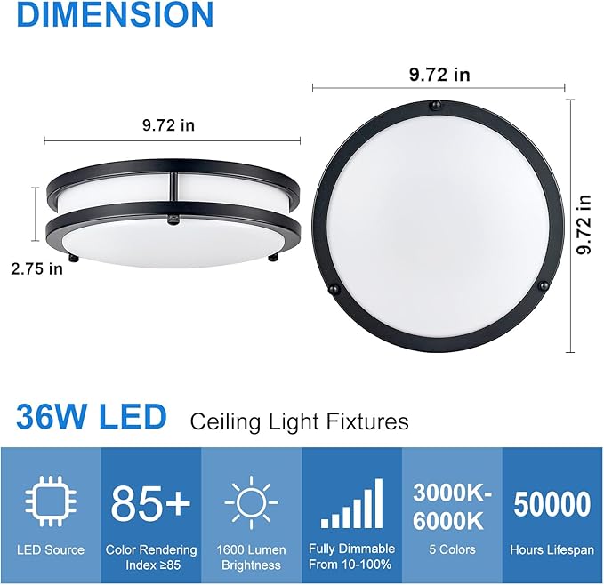 DLLT Flush Mount LED Ceiling Light: 10 Inch 5CCT (3000K-6000K) & Dimmable Ceiling Light Fixtures for Bedroom Hallway - 18W Modern Black 1600LM Super Bright Kitchen Lighting Fixtures Ceiling