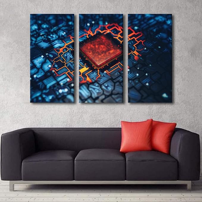 Wall Art for Living Room Home Decor Posters and Prints Circuit 3 Pieces Rustic Decoration Motherboard Digital Chip Artwork Black and White Wall Art Print on Canvas Framed Ready to Hang(40"Wx60"H)
