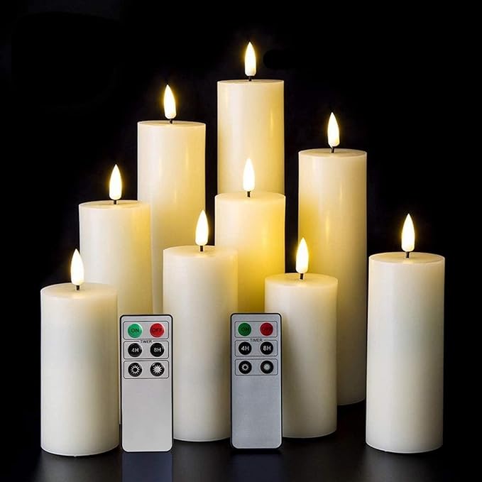 Eywamage Realistic Ivory Slim Flameless Pillar Candes with Remote, Real Wax Flickering Tall LED Battery Fireplace Candles Set of 9