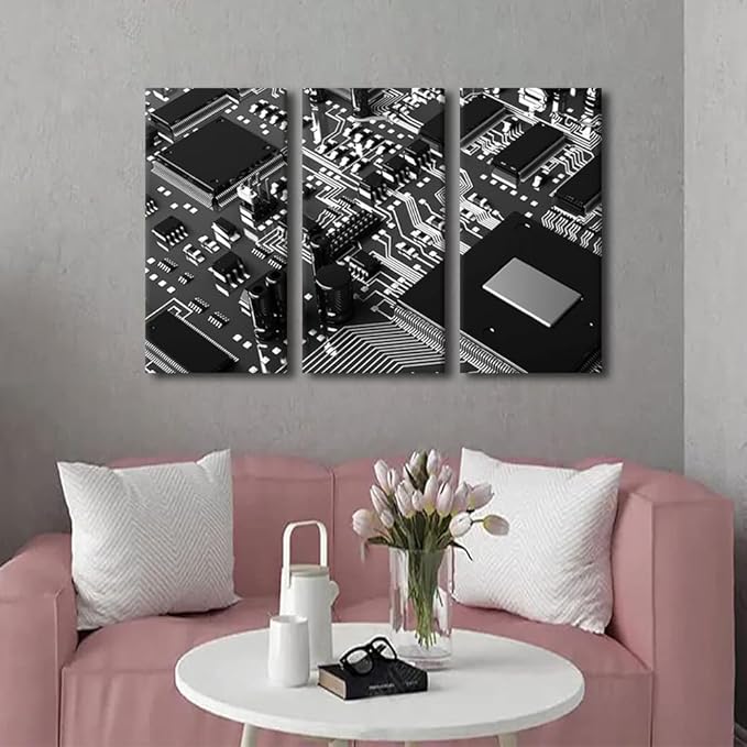 TUMOVO CPU Concept Poster Canvas Wall Art Computer Processors CPU Pictures Black and White Wall Art 3 Panel Motherboard Digital Chip Office Wall Posters and Prints Framed Ready to Hang(24" Wx36 H)