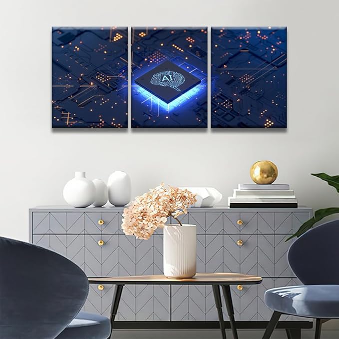 LSIUHWUWI Modern Wall Art 3 Panel Artificial Intelligence Concept Picture Prints on Canvas for Living Room Computer Room,Office Wall Decoration, Framed Ready to Hang 12x16inchx3