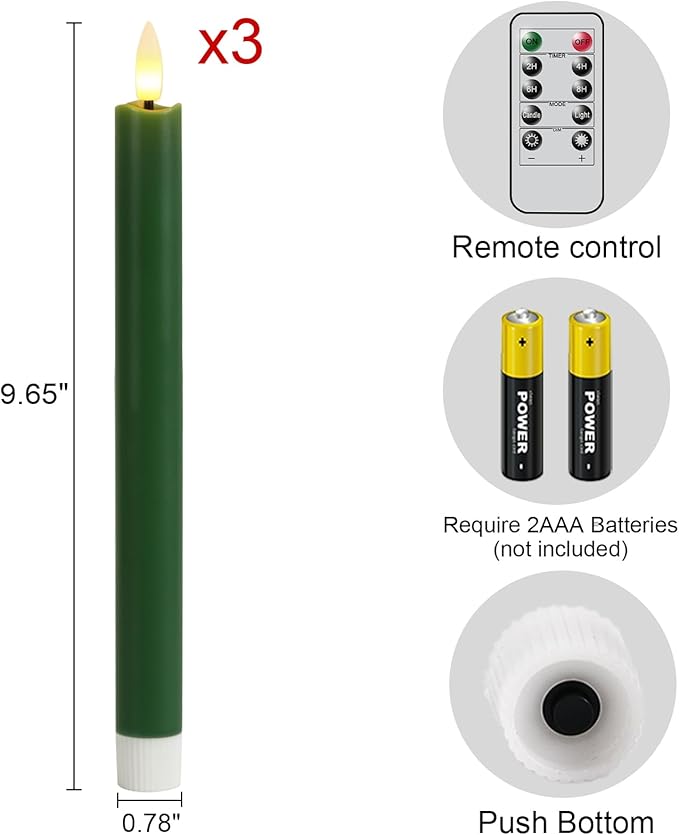 GenSwin FlamelessTaper Candles Flickering with 10-Key Remote, Battery Operated Led Warm 3D Wick Light Window Candles Real Wax Pack of 3, Christmas Home Wedding Decor(Green, 0.78 X 9.64 Inch)
