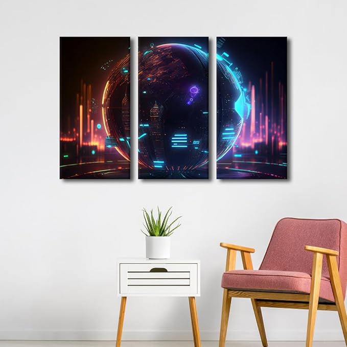 3 Panel Canvas Wall Art Cyber Space 3D Posters and Prints, Digital World Artwork for Home Office Wall Decoration, Giclee Wooden Framed Gallery-Wrapped Ready to Hang, 36" Wx24 H