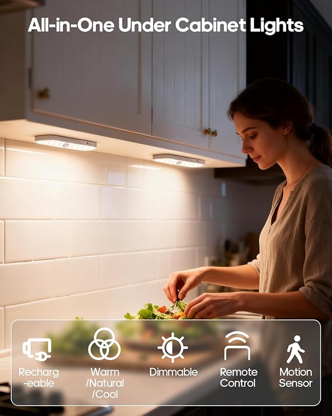 5 Pack Under Cabinet Lighting Wireless, Small 6'' Led Rechargeable Motion Sensor Light Indoor, 3CCT Dimmable Closet Light, Stick on Magnetic Under Counter Light for Pantry, Bookshelf, Stairs