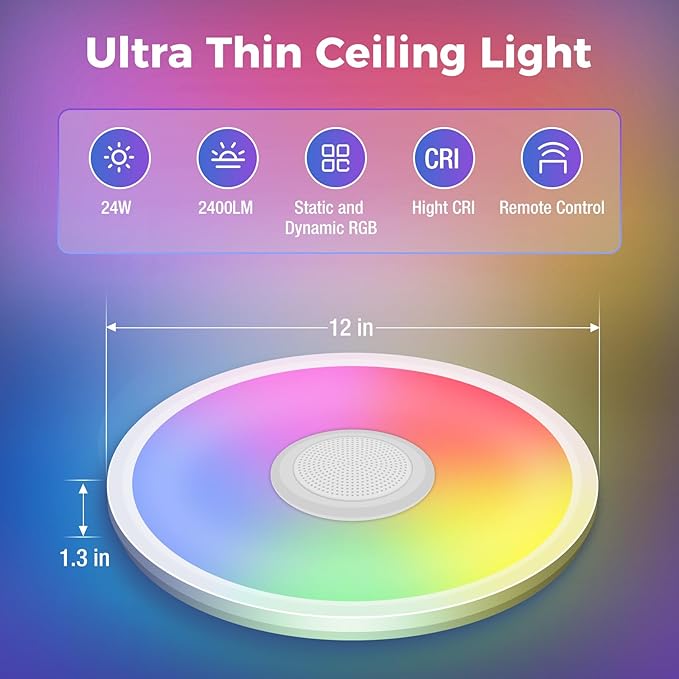 Zemty RGB Ceiling Light with Bluetooth Speaker, 24W 12Inch Smart Music Lights 3000K-6500K Dimmable with APP and Remote Control, Color Changing Led light Fixture Flush Mount for Bathroom Shower Bedroom