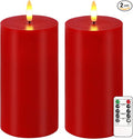 VEEKI Red Flameless Candles, Set of 2 7"x3" Flickering LED Candles with Remote & Timer, Dimmable Real Wax Electric Pillar Candles Battery Operated, Candles Light for Home Christmas Decor (Red)