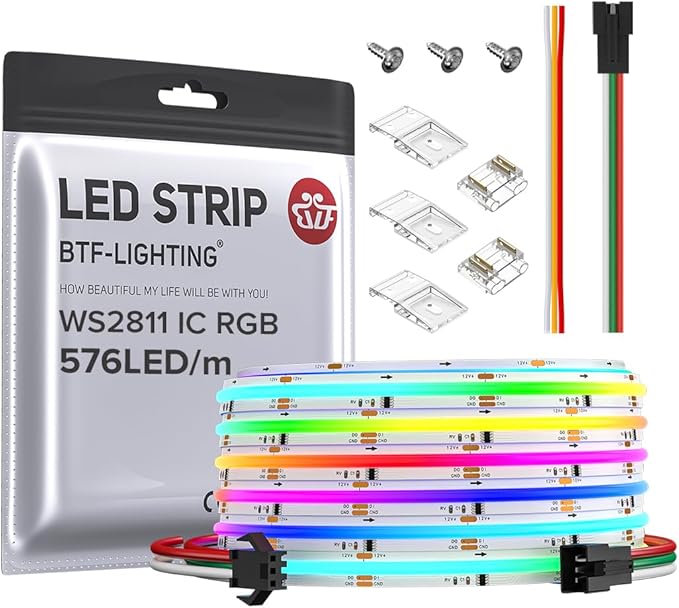BTF-LIGHTING FCOB WS2811 IC RGB COB LED Strip DC12V 576LED/m 16.4FT Flexible High Density Color Chasing Uniform Light 16IC/m 10mm Width for Indoor Lighting Project(No Adapter or Controller)